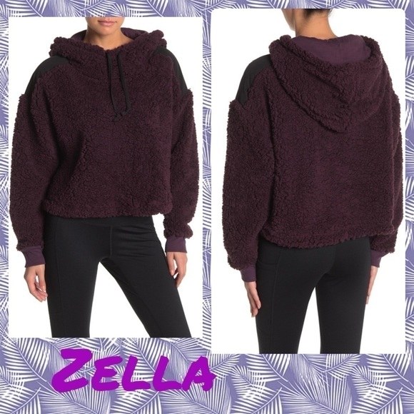 Z By Zella Sheila Fleece Hooded Pullover plum black. Sherpa.  Super soft. - Picture 1 of 14